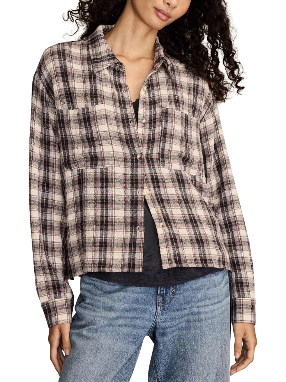 Lucky Brand Women's Cropped Plaid Drapey Long-Sleeve Shirt Large
